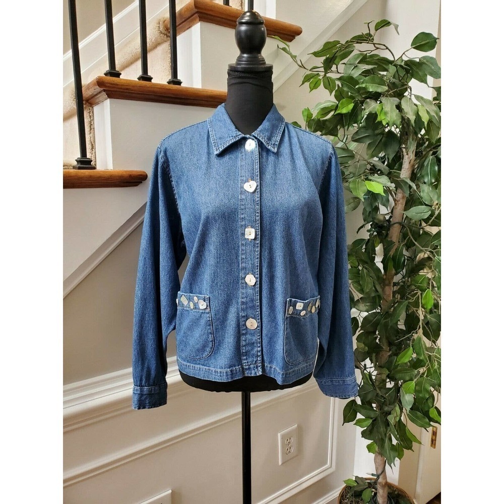 Cold Water Creek Women's Blue‎ Denim 100% Cotton Long Sleeve Collared Jacket